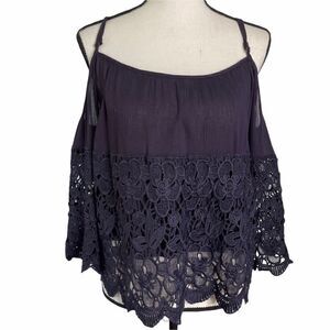 Andree by Unit Navy Cold Shoulder Battenburg Lace Top